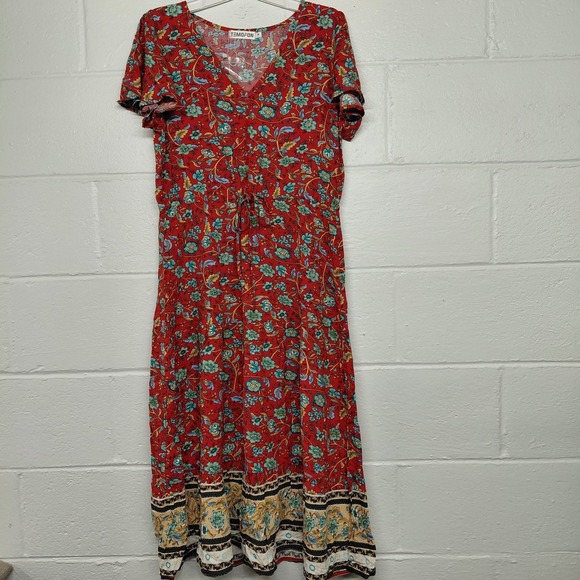 Temofon Dresses & Skirts - Temofon Womens Red Floral V-neckline Dress Size Medium Light Resort Holiday Chic